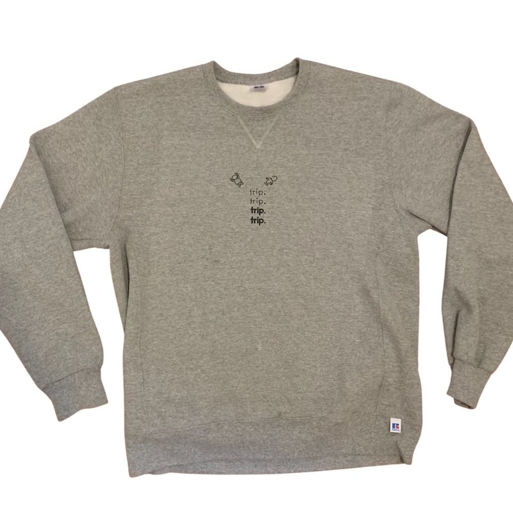 Trip Ventures Hand-Printed Gray Crewneck Large on Russell Athletic